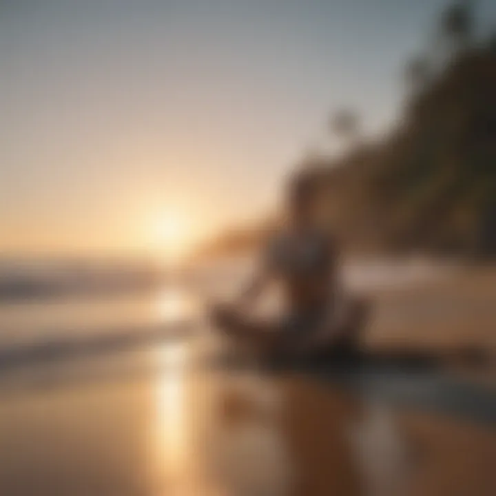 A person practicing yoga on a beach at sunrise