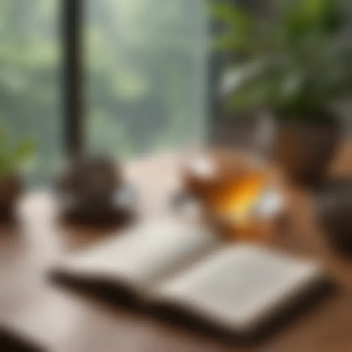 A close-up of a cup of herbal tea beside a meditation journal, promoting mindfulness and relaxation.