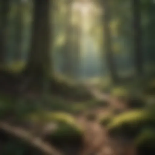 A tranquil forest scene with soft sunlight filtering through the trees, enhancing relaxation.