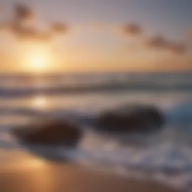 Seaside Serenity A peaceful seaside view at sunset, with gentle waves creating a soothing auditory backdrop.