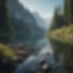 A serene landscape with a calm lake and mountains in the background