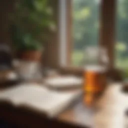 A serene workspace with an open journal, pen, and a cup of tea reflecting tranquility.