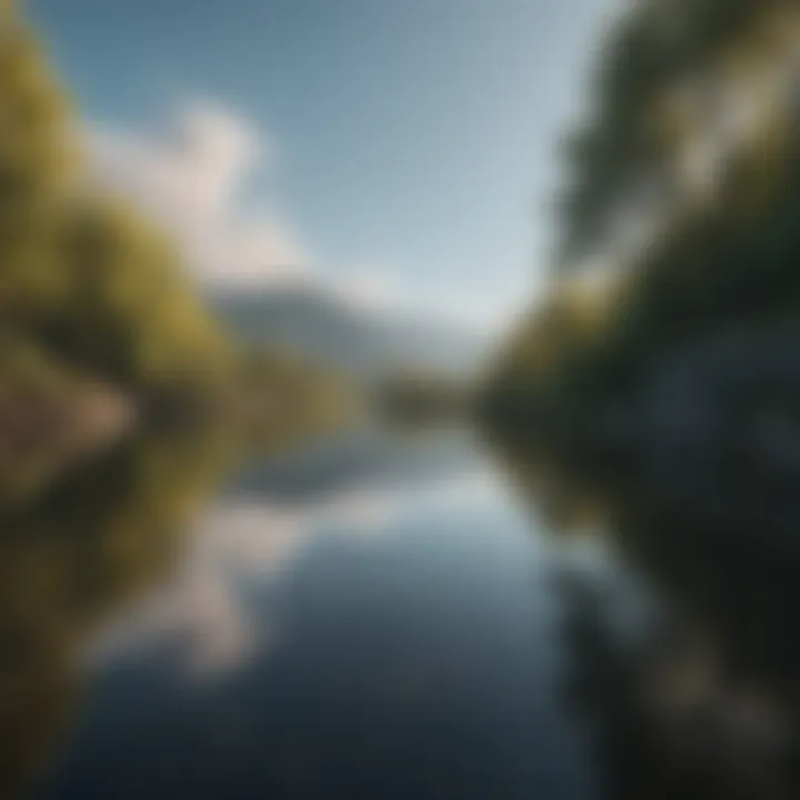 A serene landscape with a tranquil lake reflecting the sky