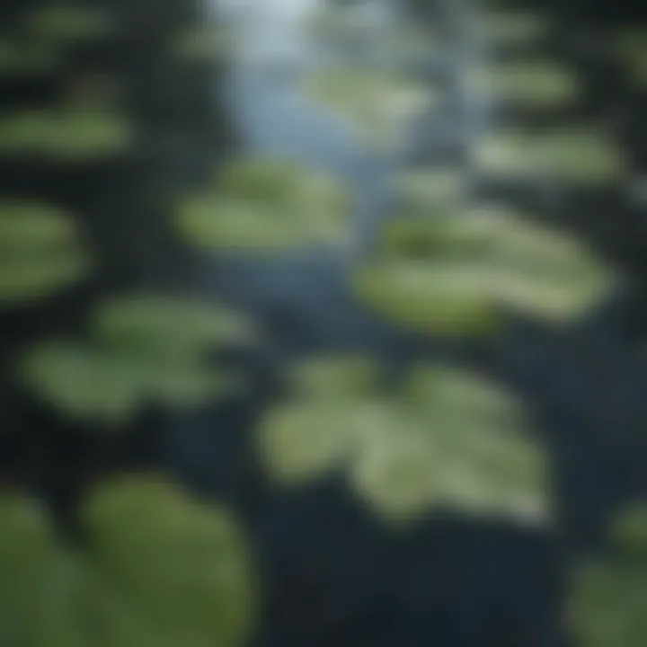 A close-up of tranquil water with floating leaves