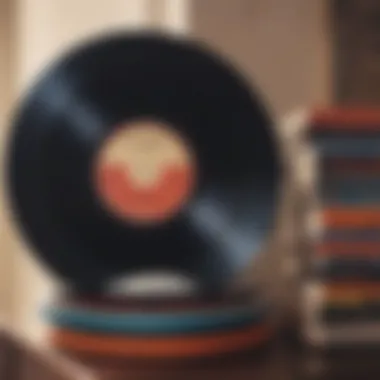 A close-up of vinyl records stacked artistically