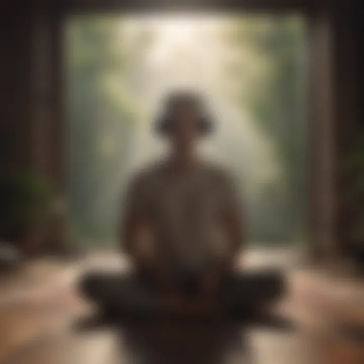 Person meditating with headphones, immersing in sound