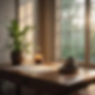 Morning Serenity A tranquil morning scene with sunlight filtering through a window, illuminating a cozy workspace.