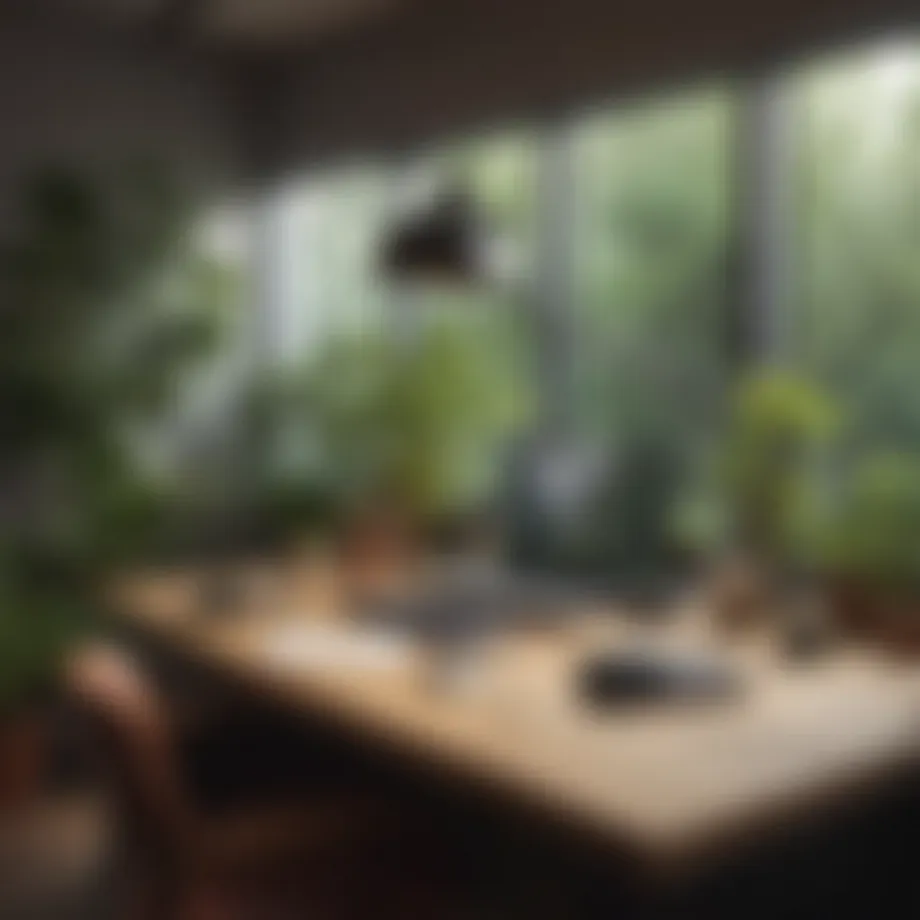 A serene workspace with natural light and plants