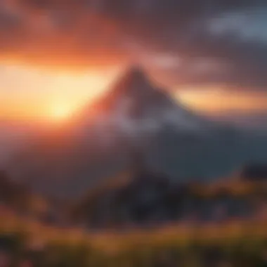 A vibrant sunrise over a mountain peak illustrating the pursuit of happiness