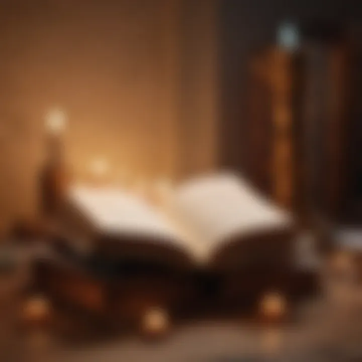A collection of open books surrounded by soft candlelight