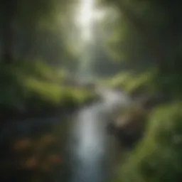 A serene landscape with a gentle river flowing through lush greenery