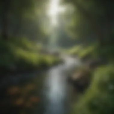 Nature's Embrace A serene landscape with a gentle river flowing through lush greenery