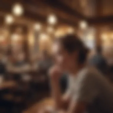 Contemplation Amidst Crowds A solitary figure reflecting in a crowded café