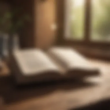 Words of Wisdom Open book with highlighted quotes on a wooden table