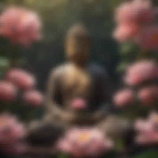 Buddha statue surrounded by lotus flowers symbolizing love and compassion