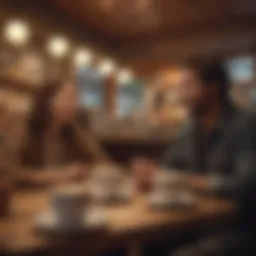 A cozy coffee shop atmosphere with friends engaging in conversation.