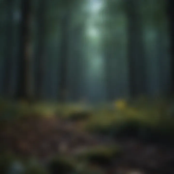 A serene forest at night with soft rustling leaves and distant nocturnal sounds