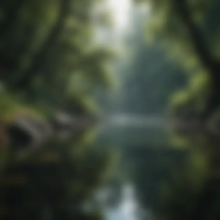 Calm nature scene with tranquil waters and lush greenery