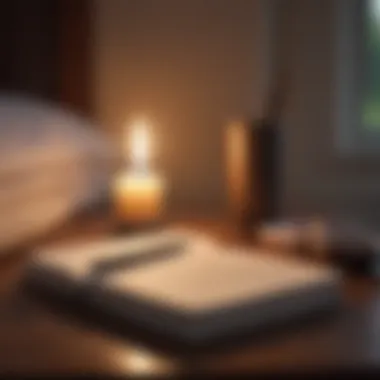 A notebook with a pen beside a lit candle