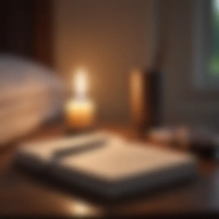 A notebook with a pen beside a lit candle