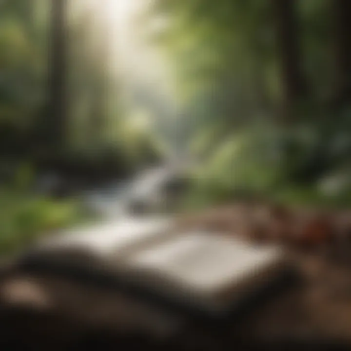 An individual reflecting with a gratitude journal in a calming natural setting, surrounded by greenery.