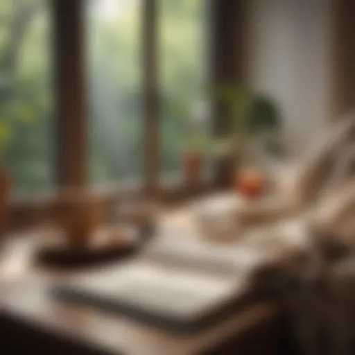 A serene workspace with an open gratitude journal, a cup of tea, and a warm blanket.