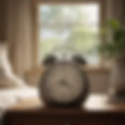 A serene morning scene with a gong alarm clock on a bedside table next to a window with soft light.