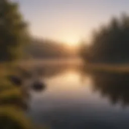 A serene morning landscape with a sunrise casting warm light over a calm lake