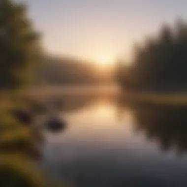 A serene morning landscape with a sunrise casting warm light over a calm lake