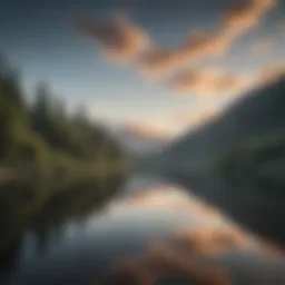 A serene landscape with a peaceful lake reflecting the sky, symbolizing tranquility and self-reflection.