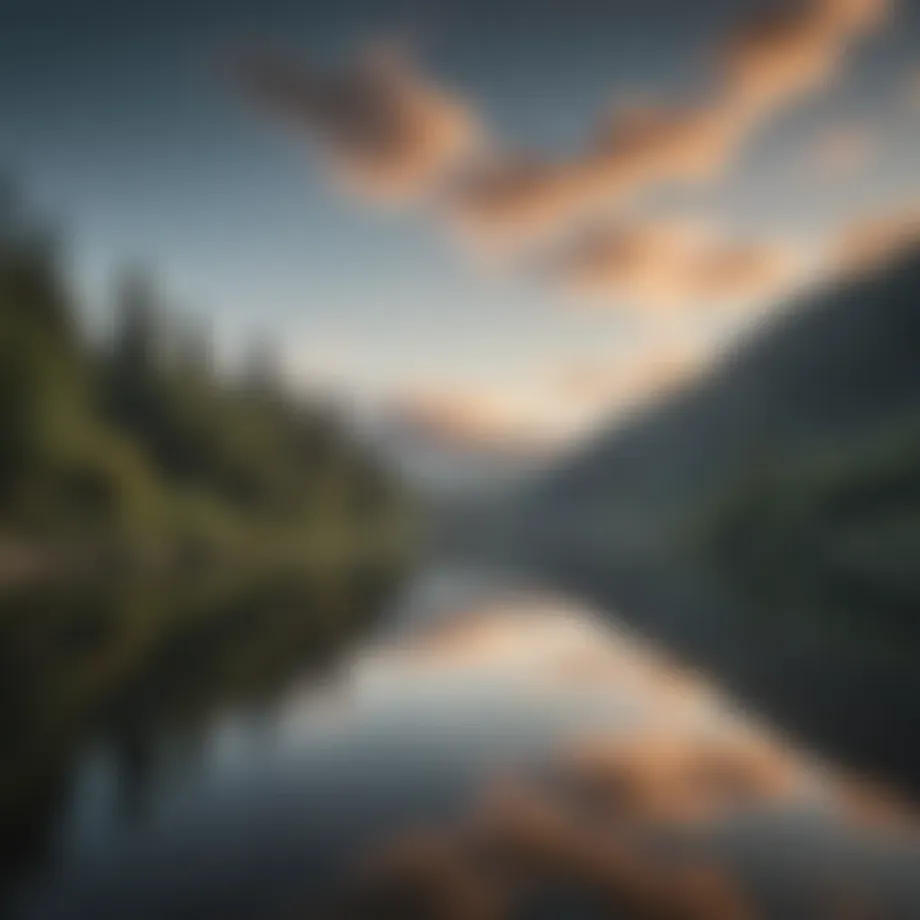 A serene landscape with a peaceful lake reflecting the sky, symbolizing tranquility and self-reflection.