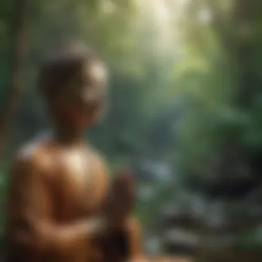 A close-up of a meditative figure surrounded by nature