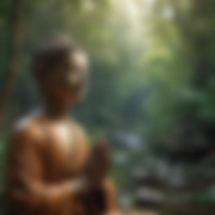 A close-up of a meditative figure surrounded by nature