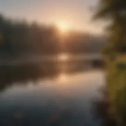 A serene landscape depicting a tranquil lake at sunrise