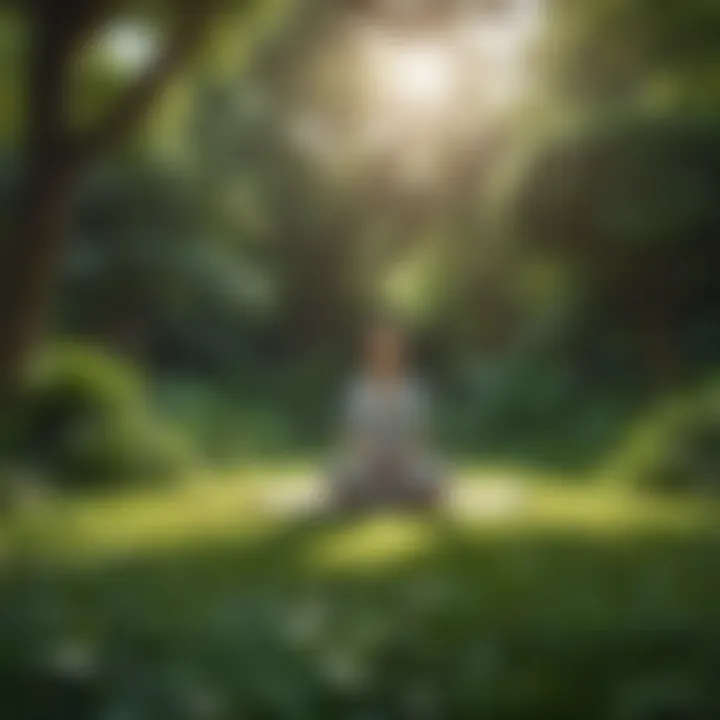 A person meditating in a peaceful garden filled with lush greenery.