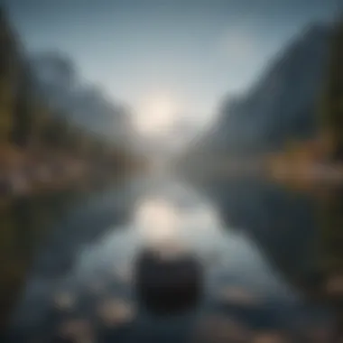 Tranquil Lake Amidst Majestic Mountains A serene landscape depicting a tranquil lake surrounded by mountains.