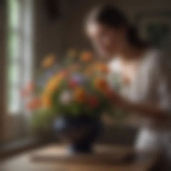 Person arranging flowers in a decorative vase