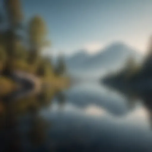 A serene landscape with mountains and a calm lake reflecting the sky