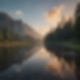 A serene landscape with a tranquil lake reflecting the sky