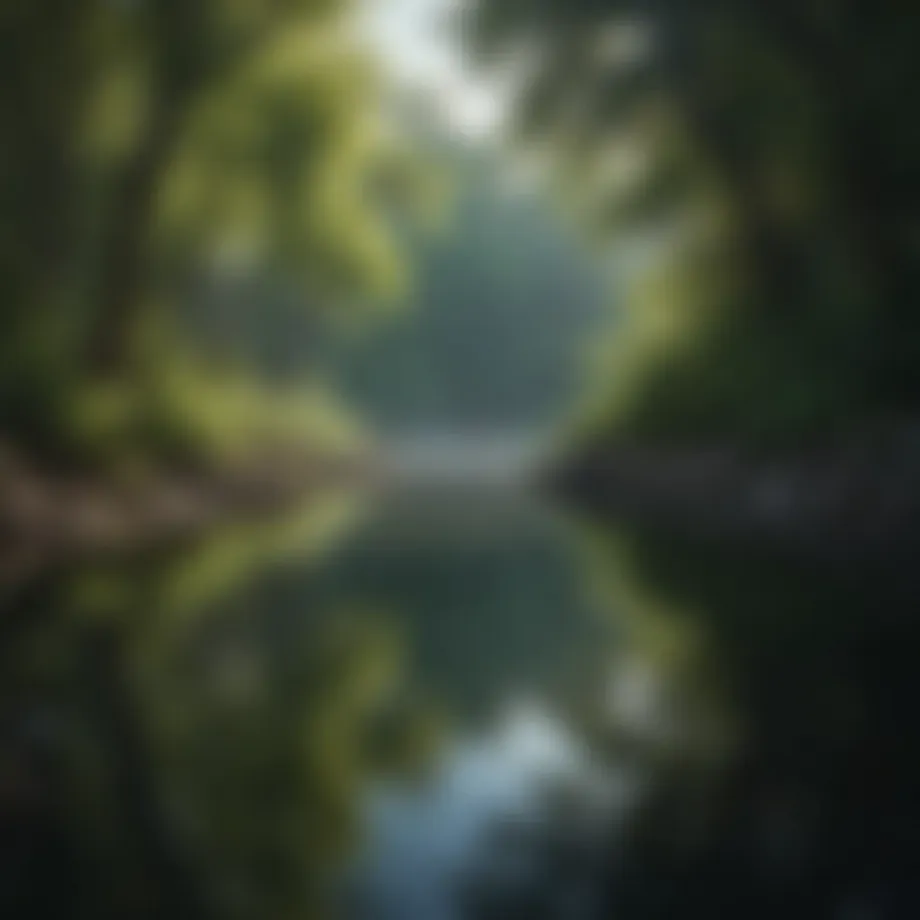 A serene landscape depicting calm waters and lush greenery