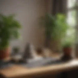 A serene desk setup with plants and calming elements