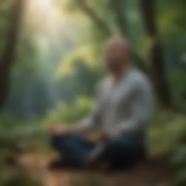 A person meditating in nature surrounded by greenery