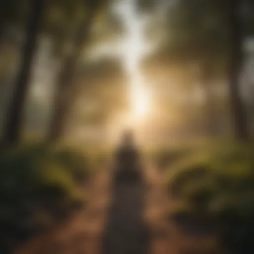 A serene landscape with a person meditating at sunrise, embodying peace and tranquility.