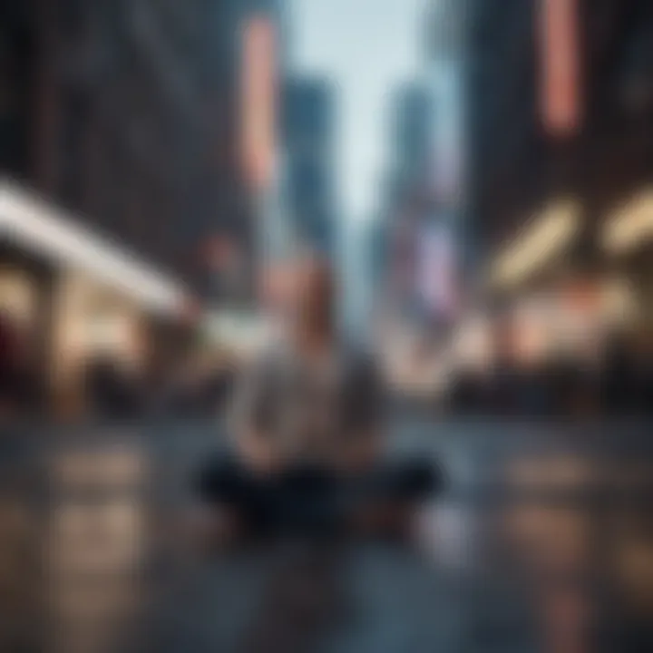 A person meditating amidst a busy urban backdrop