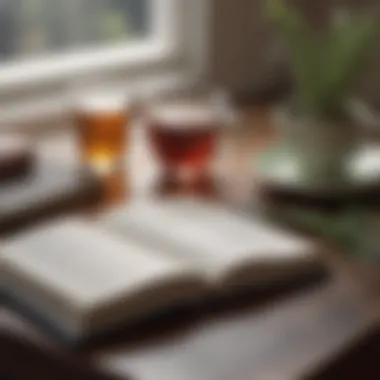 A close-up of a journal and a cup of herbal tea on a desk