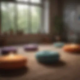 A serene classroom setting with soft lighting and meditation cushions