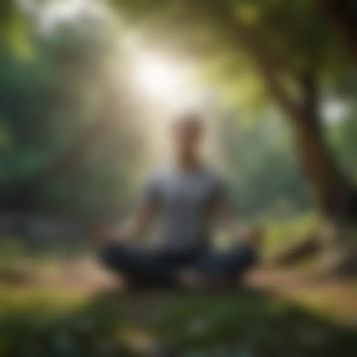 A person sitting cross-legged in a peaceful outdoor setting, surrounded by greenery