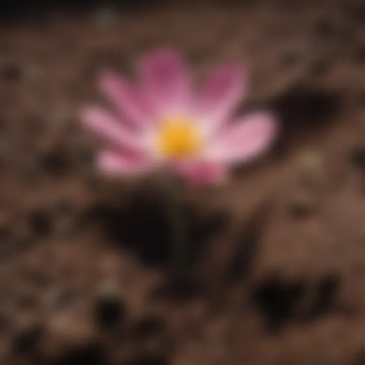 A close-up of a blooming flower breaking through the soil, representing growth and resilience.