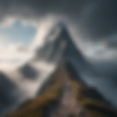 Conquering Challenges A mountain peak shrouded in mist, showcasing the challenge of facing fears and achieving goals.
