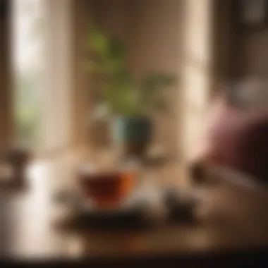 Nurturing Comfort A comforting cup of tea on a table surrounded by soft lighting, representing warmth and self-care during emotional times.